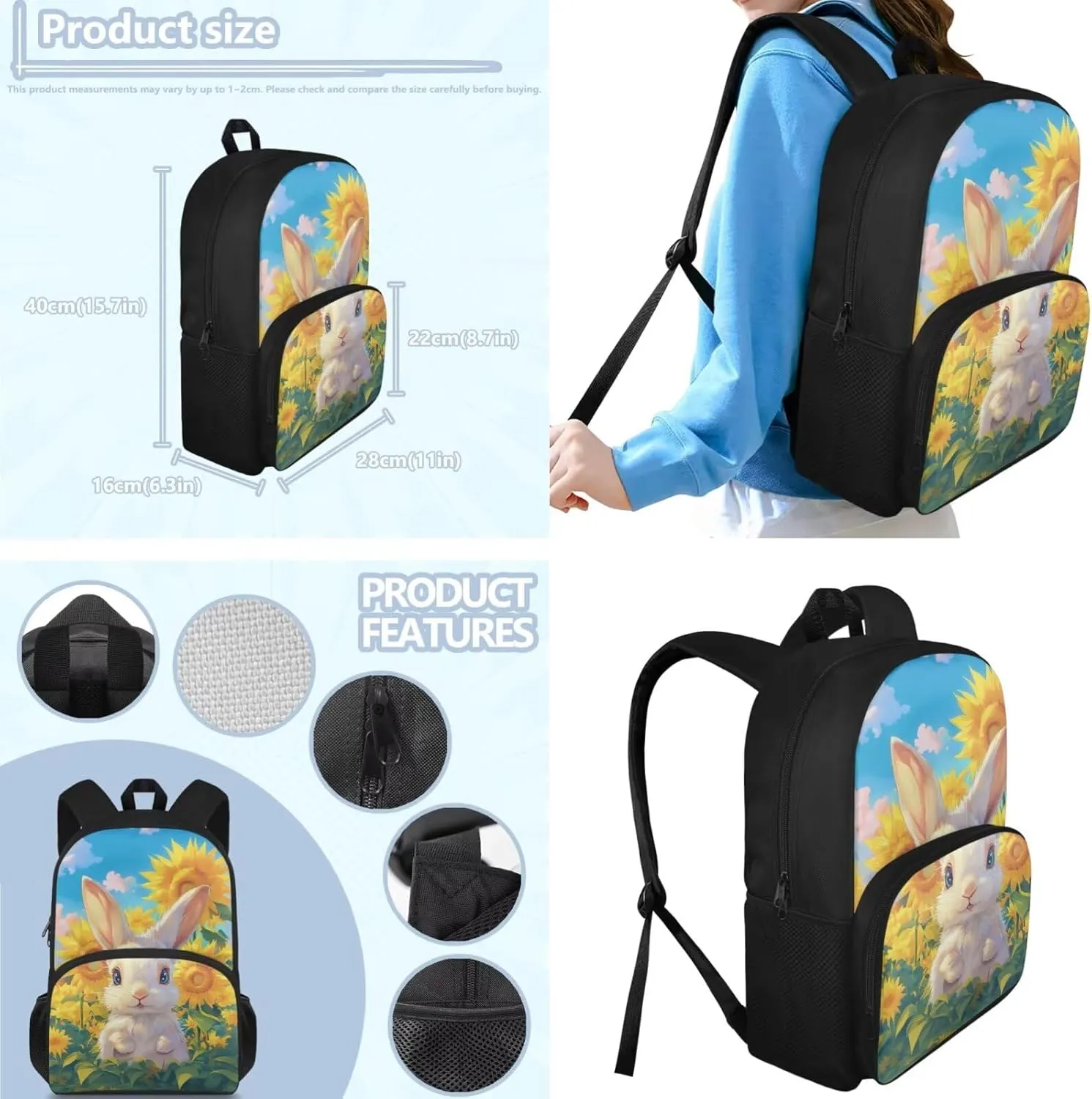 Bunny Girls Backpack Purses for Kids 9-10 Sunflower Girls Bookbag Ages 6-8 with Lunchbox Cute Large Capacity School Bag for Primary Elementary 4 in 1