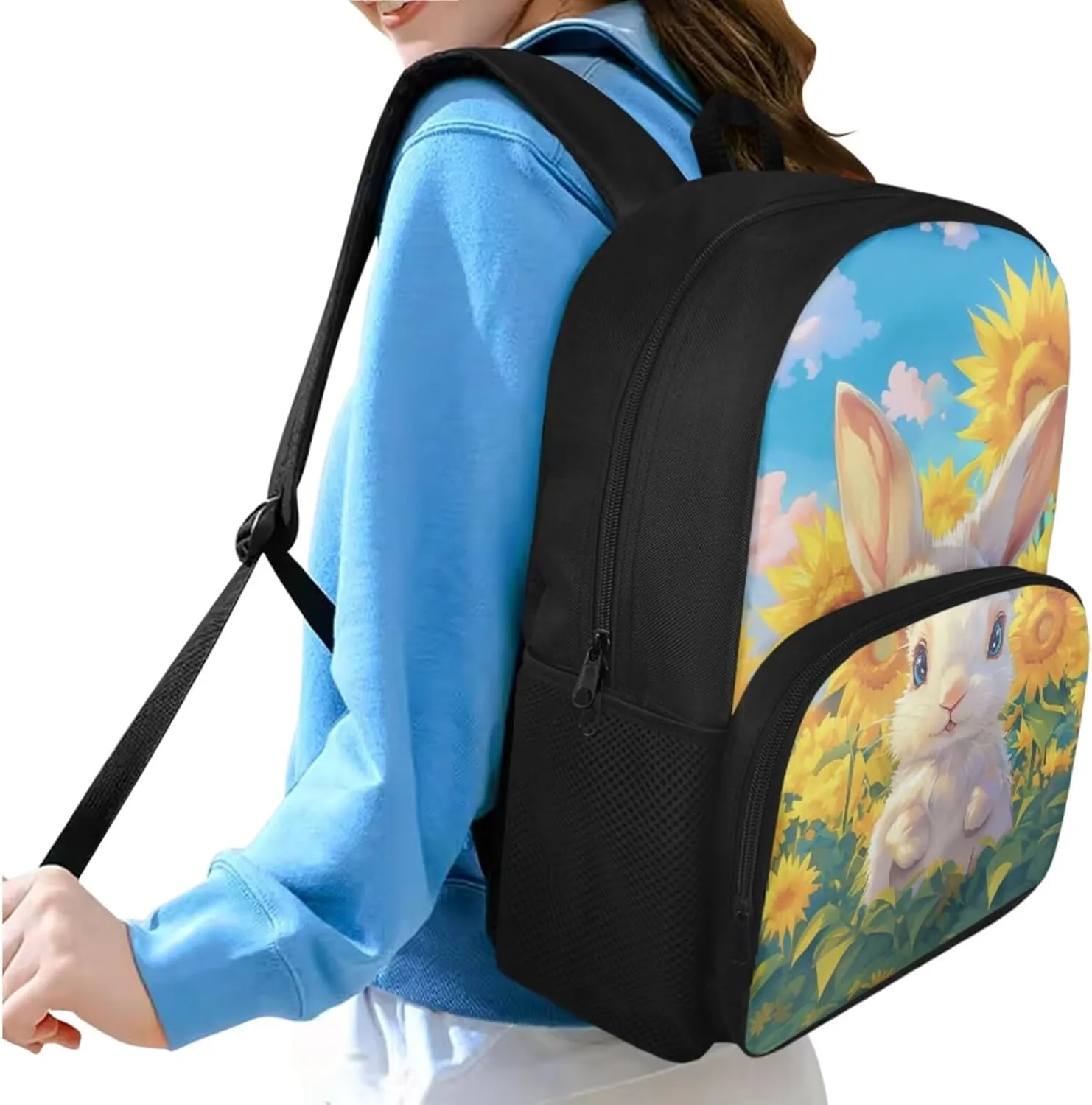 Bunny Girls Backpack Purses for Kids 9-10 Sunflower Girls Bookbag Ages 6-8 with Lunchbox Cute Large Capacity School Bag for Primary Elementary 4 in 1