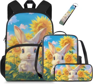Bunny Girls Backpack Purses for Kids 9-10 Sunflower Girls Bookbag Ages 6-8 with Lunchbox Cute Large Capacity School Bag for Primary Elementary 4 in 1