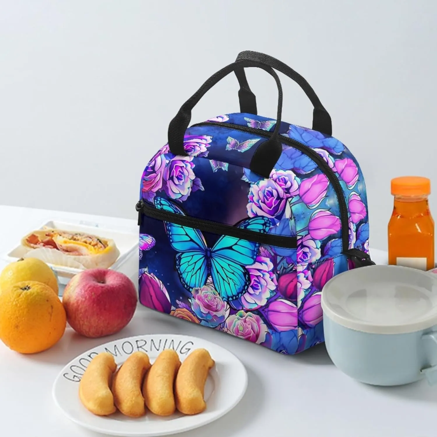 Butterfly Lunch Bag for Women Teen Girls Reusable Insulated Lunch Bags Tote Lunchboxes Meal Bento Handbag Picnic Organzier Storage Pouch with Adjustable Shoulder Strap