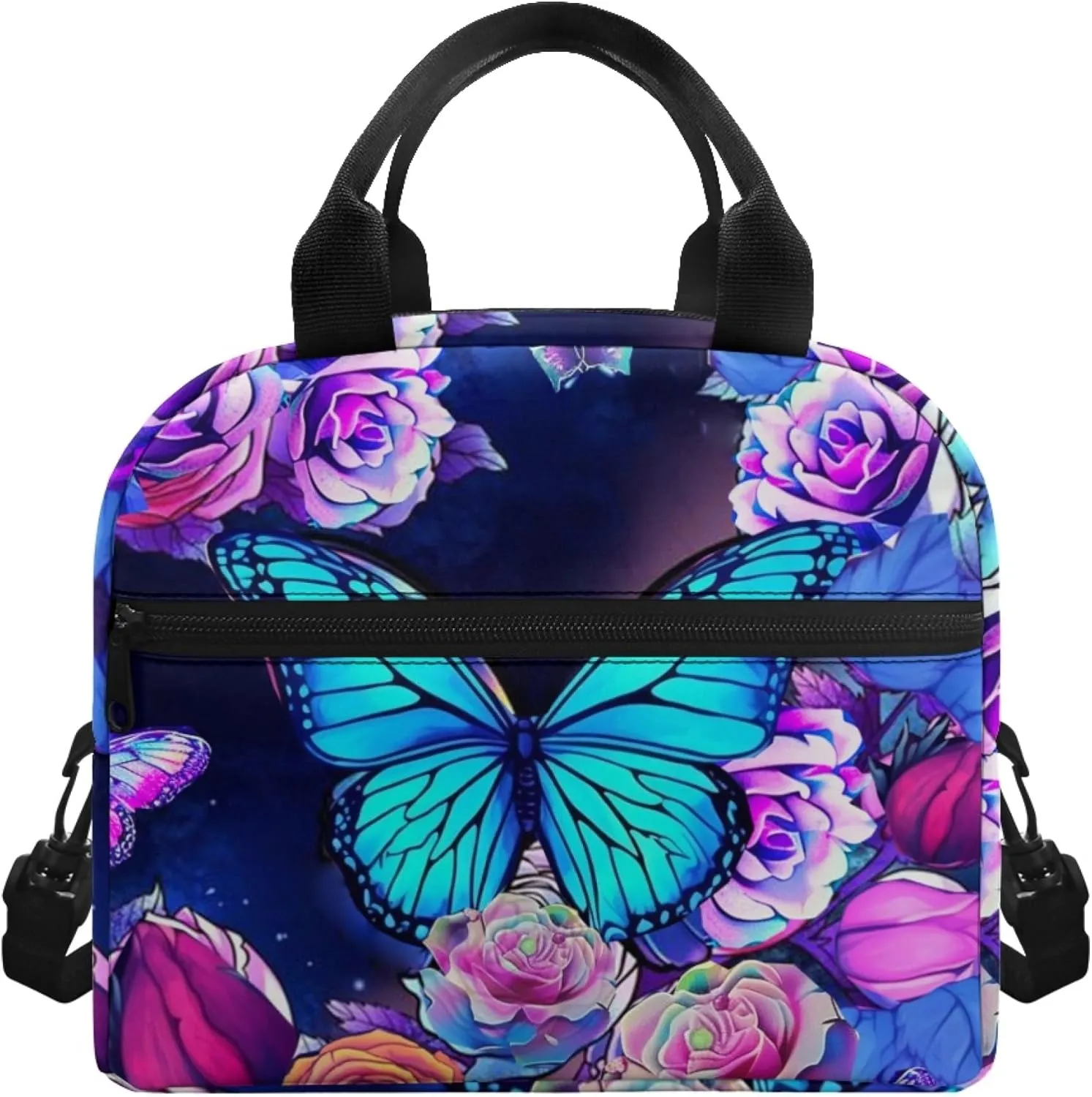 Butterfly Lunch Bag for Women Teen Girls Reusable Insulated Lunch Bags Tote Lunchboxes Meal Bento Handbag Picnic Organzier Storage Pouch with Adjustable Shoulder Strap