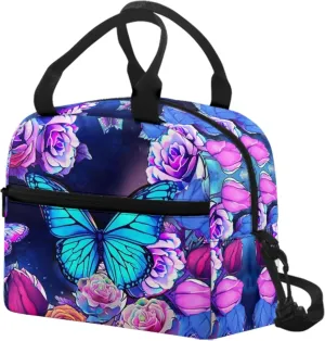 Butterfly Lunch Bag for Women Teen Girls Reusable Insulated Lunch Bags Tote Lunchboxes Meal Bento Handbag Picnic Organzier Storage Pouch with Adjustable Shoulder Strap