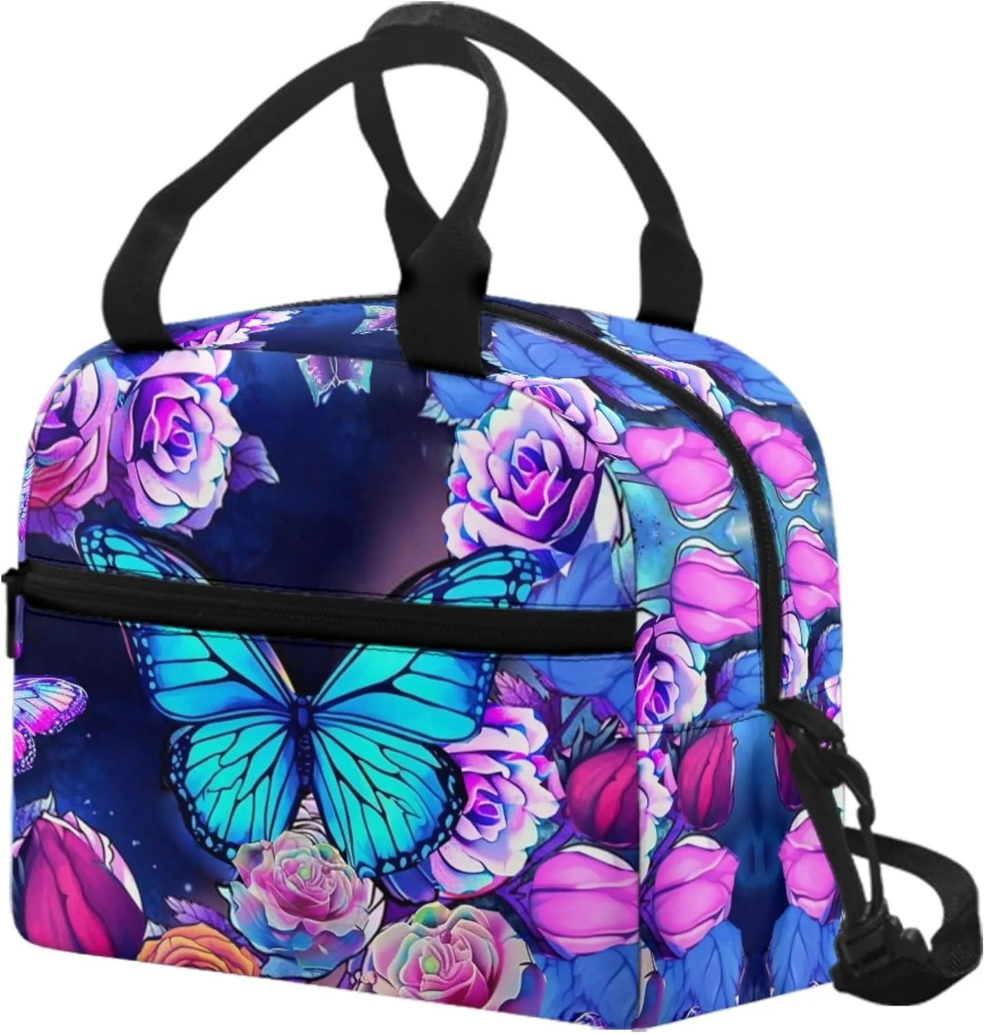 Butterfly Lunch Bag for Women Teen Girls Reusable Insulated Lunch Bags Tote Lunchboxes Meal Bento Handbag Picnic Organzier Storage Pouch with Adjustable Shoulder Strap