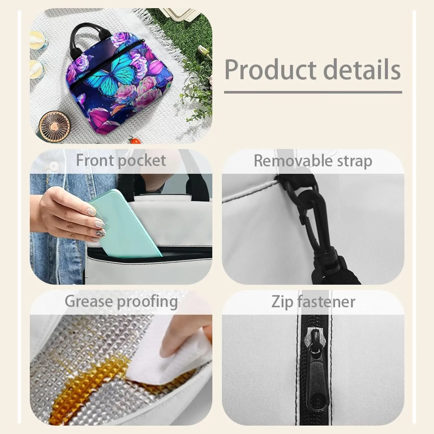 Butterfly Lunch Bag for Women Teen Girls Reusable Insulated Lunch Bags Tote Lunchboxes Meal Bento Handbag Picnic Organzier Storage Pouch with Adjustable Shoulder Strap