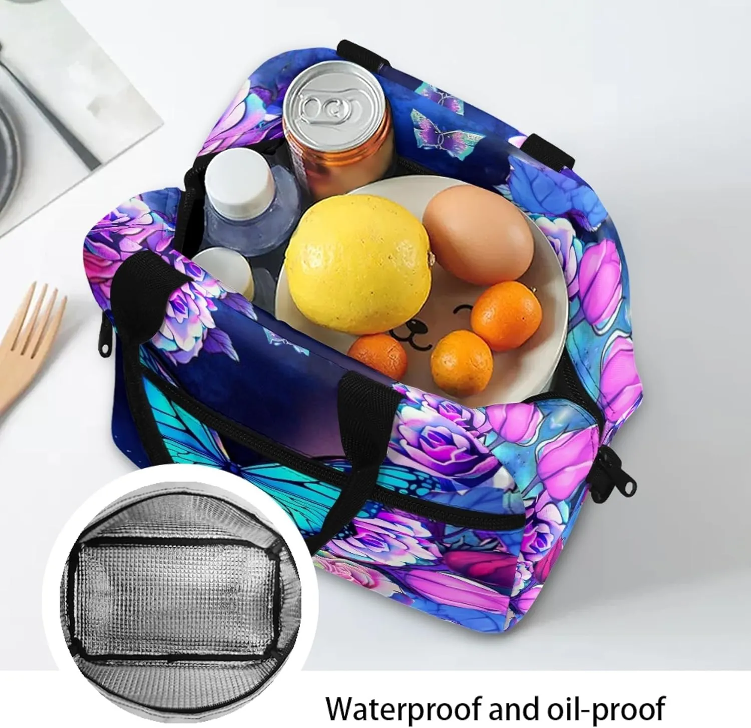 Butterfly Lunch Bag for Women Teen Girls Reusable Insulated Lunch Bags Tote Lunchboxes Meal Bento Handbag Picnic Organzier Storage Pouch with Adjustable Shoulder Strap