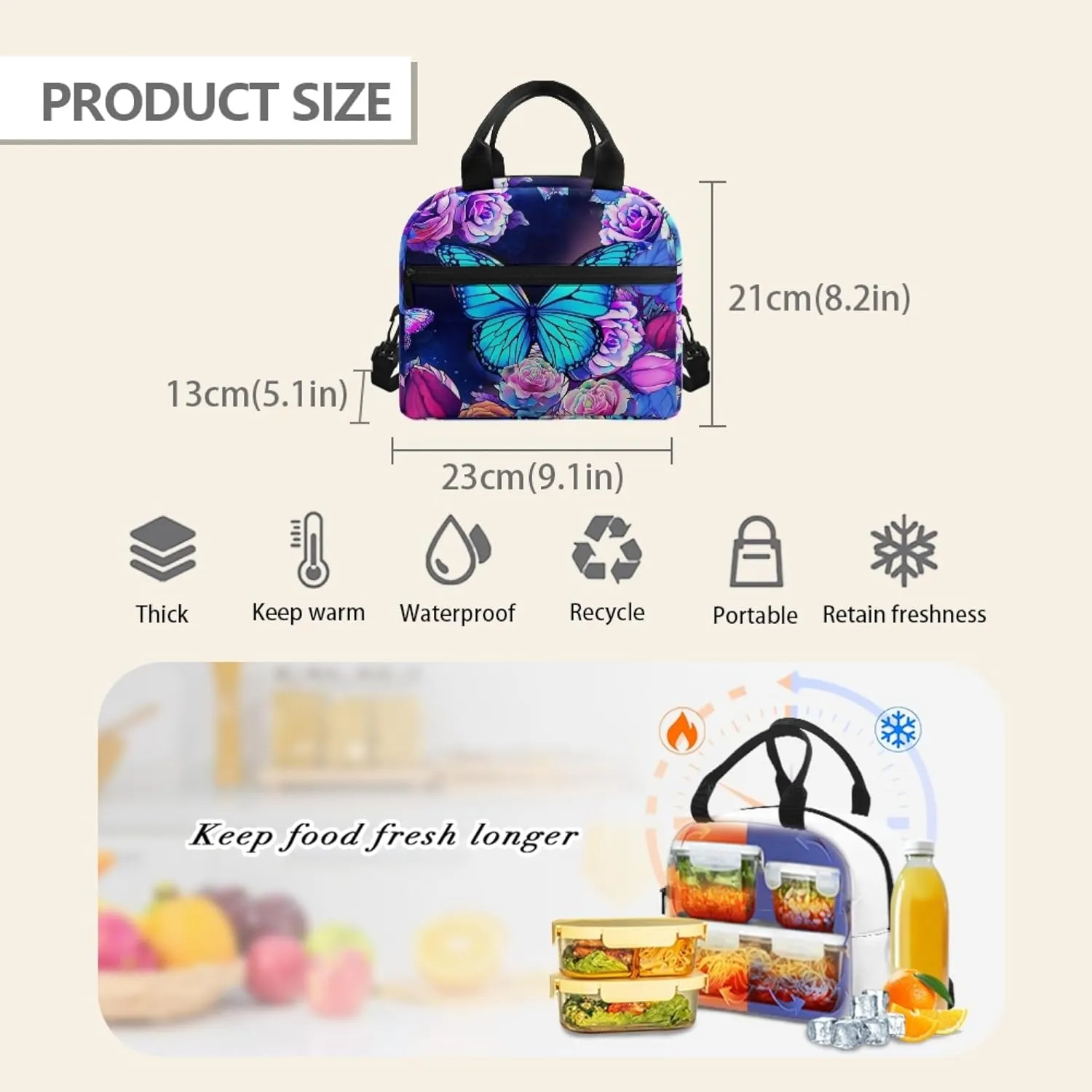 Butterfly Lunch Bag for Women Teen Girls Reusable Insulated Lunch Bags Tote Lunchboxes Meal Bento Handbag Picnic Organzier Storage Pouch with Adjustable Shoulder Strap