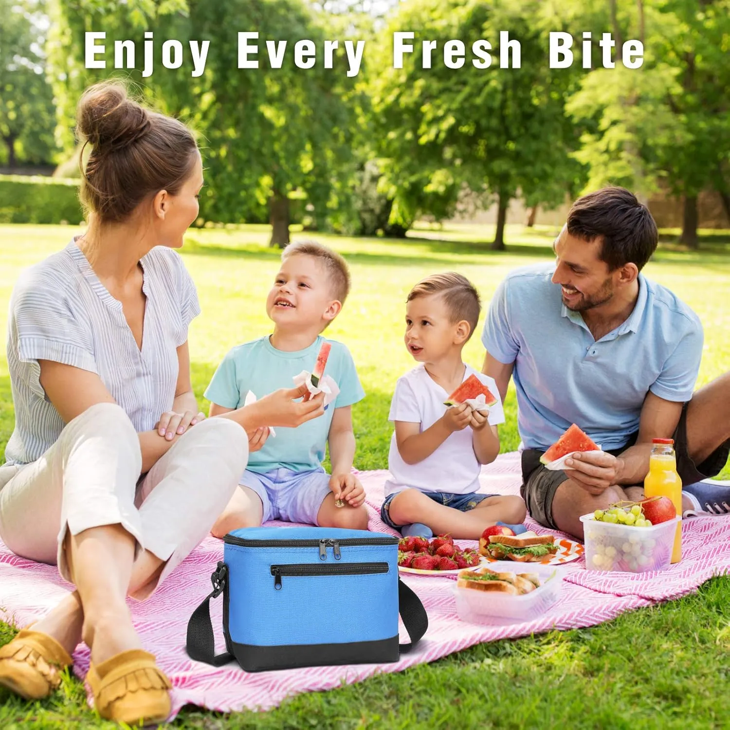 BuyAgain Lunch Bag, 600D Poly Small 6 Can Insulated Reusable Lunch Cooler Bag PEVA Water-resistant Lining for Women Men Adult Work, Blue