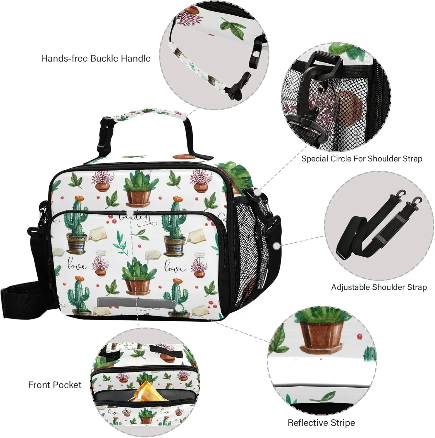 Cactus Succulents Lunch Bags for Women Floral Leaves kids Lunch Box Insulated Thermal Cooler Bag Reusable Organizer Tote Lunch Bag with Adjustable Shoulder Strap for Work Picnic Beach Sporting