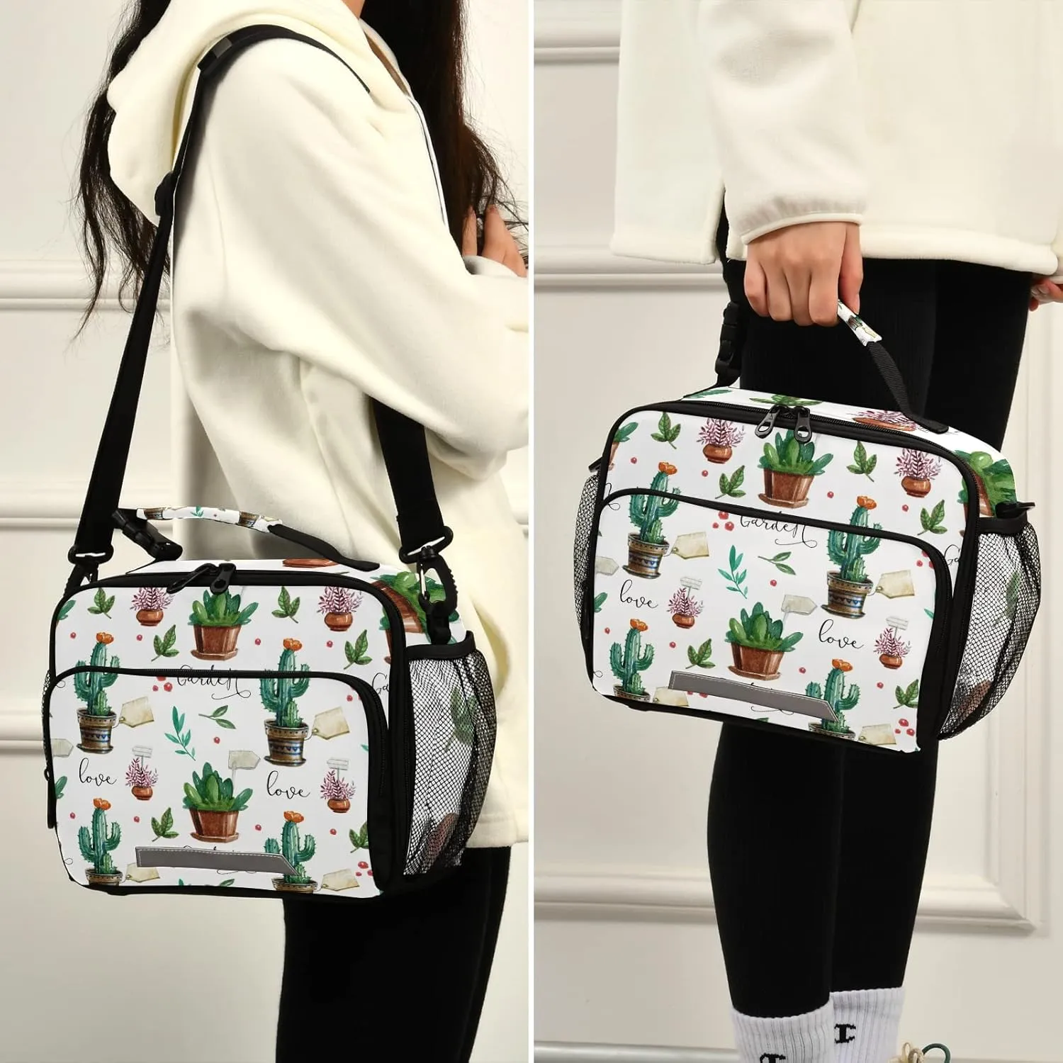 Cactus Succulents Lunch Bags for Women Floral Leaves kids Lunch Box Insulated Thermal Cooler Bag Reusable Organizer Tote Lunch Bag with Adjustable Shoulder Strap for Work Picnic Beach Sporting