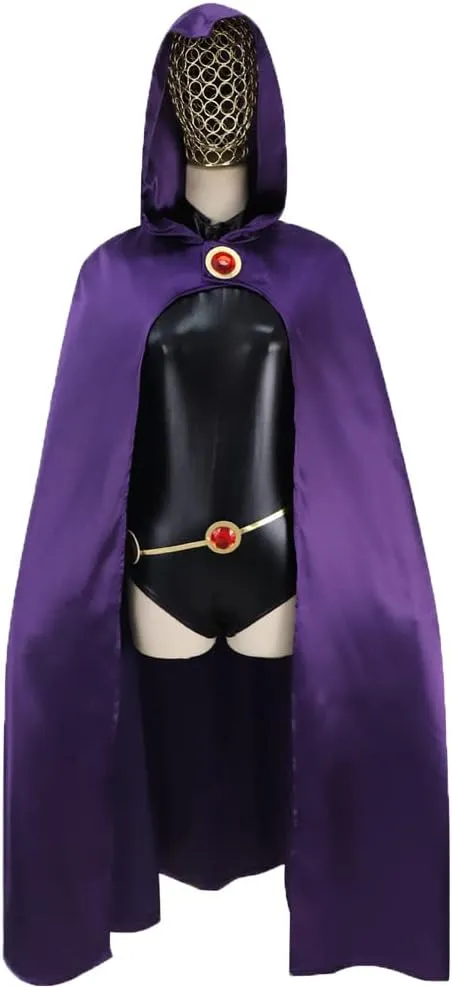 CAFELE Teenager Titans Raven Costume Jumpsuit with Cape Cloak Hood Red Gem Belt Halloween Cosplay Suit for Adult Women