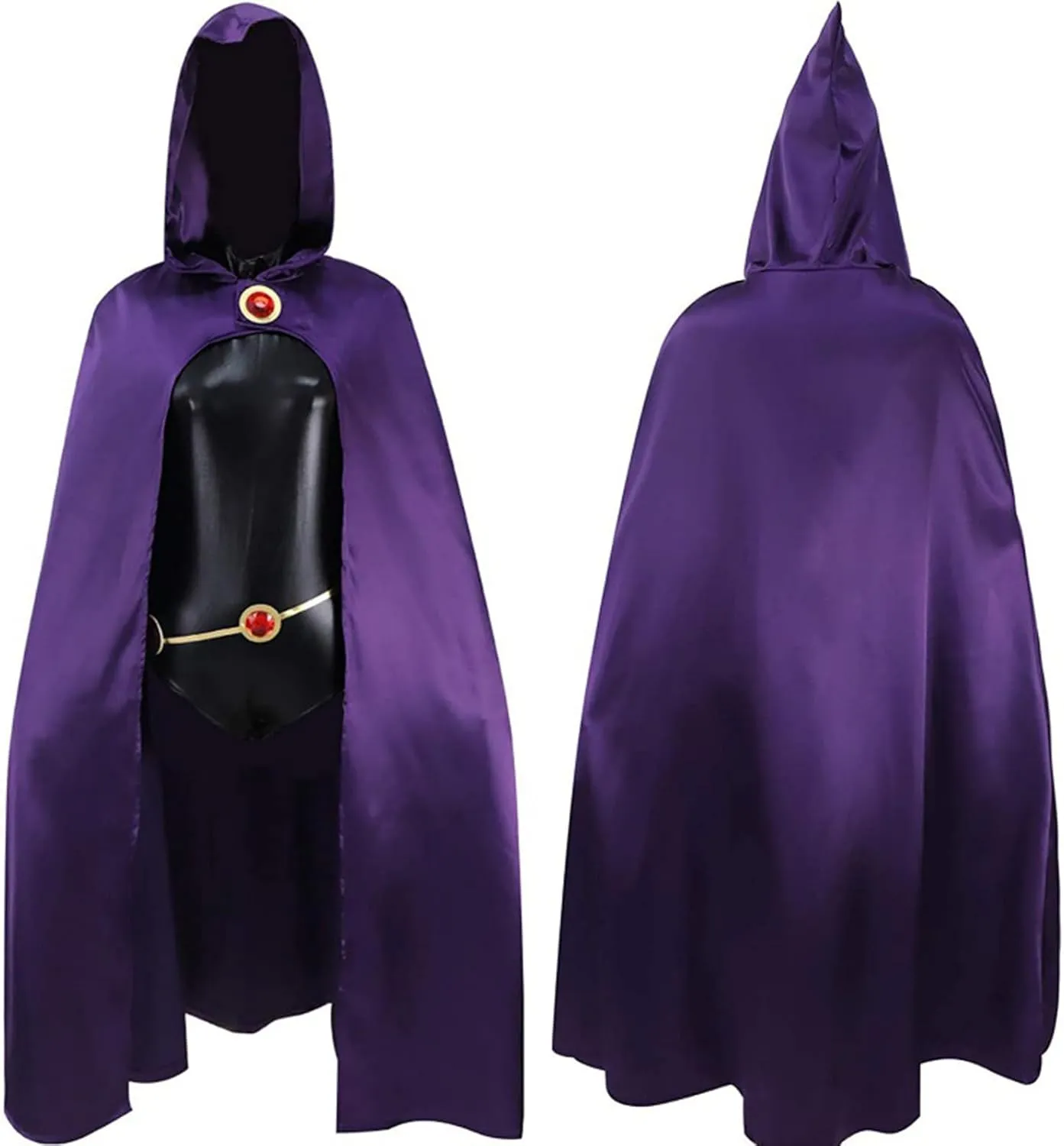 CAFELE Teenager Titans Raven Costume Jumpsuit with Cape Cloak Hood Red Gem Belt Halloween Cosplay Suit for Adult Women