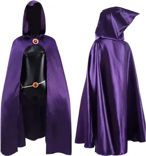 CAFELE Teenager Titans Raven Costume Jumpsuit with Cape Cloak Hood Red Gem Belt Halloween Cosplay Suit for Adult Women