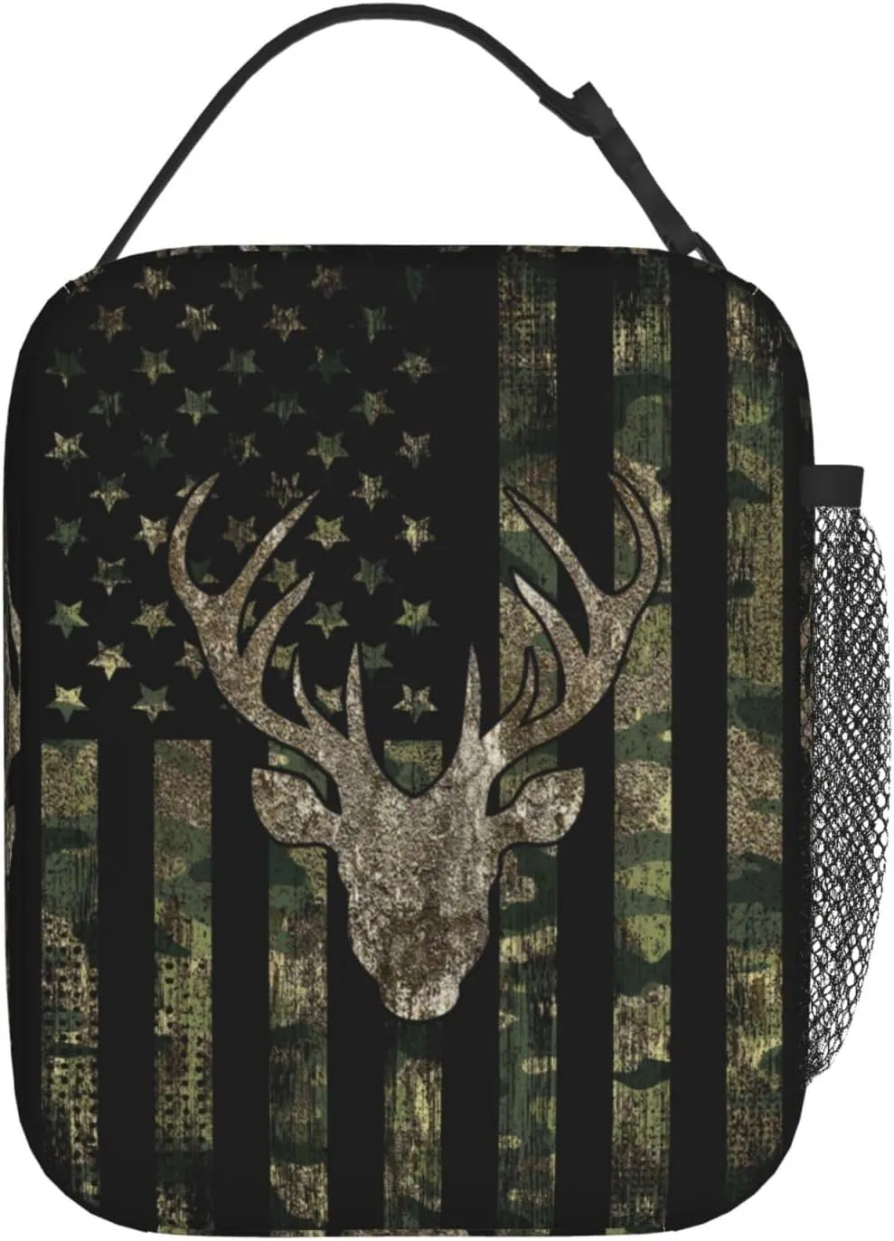 Camo Camouflage American Flag Hunting Deer Insulated Lunch Bag Portable Reusable Zipper Lunch Box For Men Women Work Picnic Travel Camping
