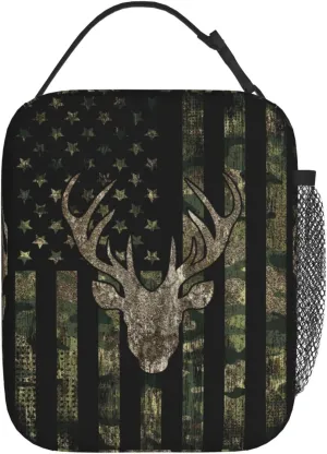 Camo Camouflage American Flag Hunting Deer Insulated Lunch Bag Portable Reusable Zipper Lunch Box For Men Women Work Picnic Travel Camping