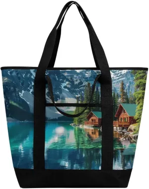 Canada Ohara Lake Yoho National Park With Mountains Nature Scenery Shopping Bags Insulated Lunch Bag Shoulder Grocery Bags for Work Travel Beach