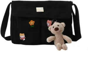 Canvas Crossbody Bag Messenger Cute Bag with Pins and Pendant for Women Girls Casual Shoulder Aesthetic School bag
