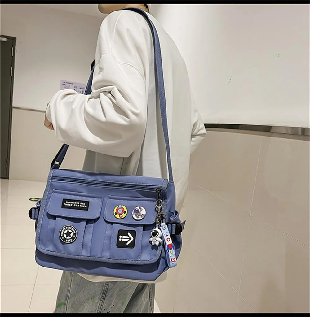 Canvas Hobo Crossbody Bag Vintage Multi Pocket Messenger Bag Aesthetic Shoulder Laptop Handbag with Cute Pins Daily