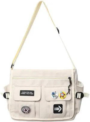 Canvas Hobo Crossbody Bag Vintage Multi Pocket Messenger Bag Aesthetic Shoulder Laptop Handbag with Cute Pins Daily