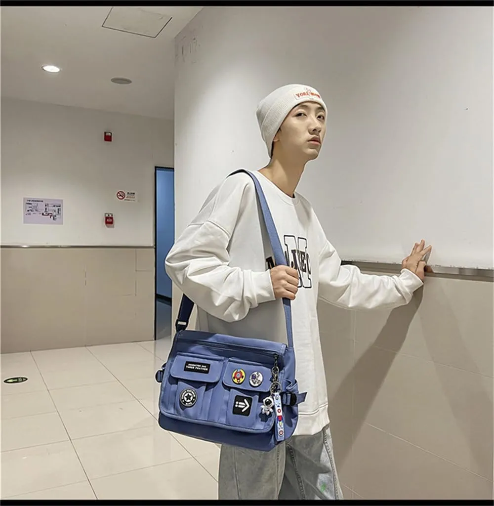 Canvas Hobo Crossbody Bag Vintage Multi Pocket Messenger Bag Aesthetic Shoulder Laptop Handbag with Cute Pins Daily