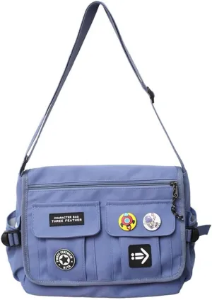 Canvas Hobo Crossbody Bag Vintage Multi Pocket Messenger Bag Aesthetic Shoulder Laptop Handbag with Cute Pins Daily