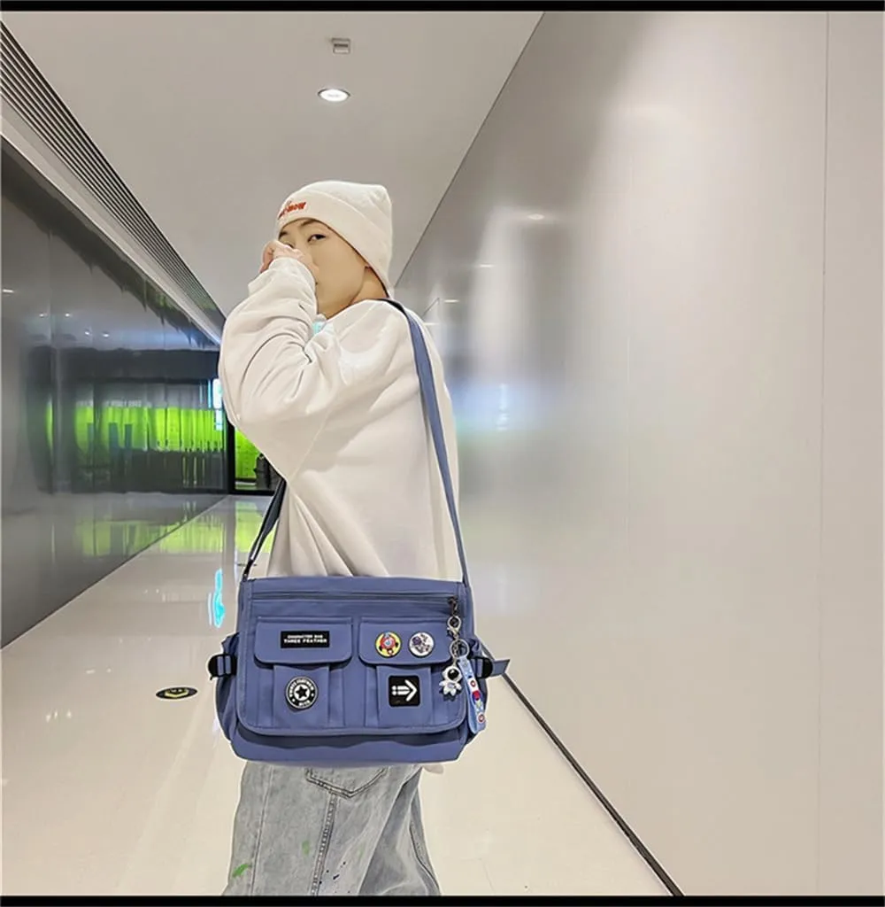 Canvas Hobo Crossbody Bag Vintage Multi Pocket Messenger Bag Aesthetic Shoulder Laptop Handbag with Cute Pins Daily