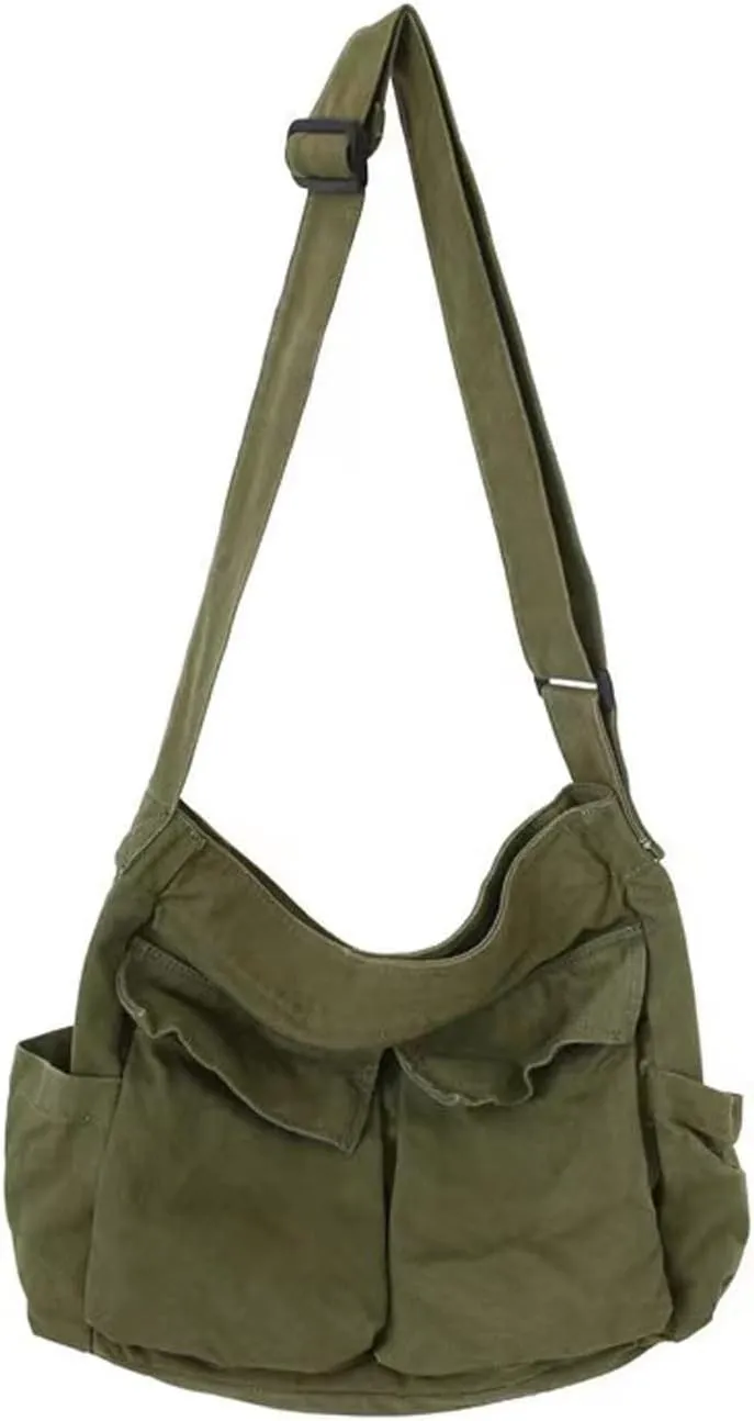 Canvas Messenger Bag Large Crossbody Bag with Multiple Pockets Casual Shoulder Aesthetic Tote Bag for Women and Men