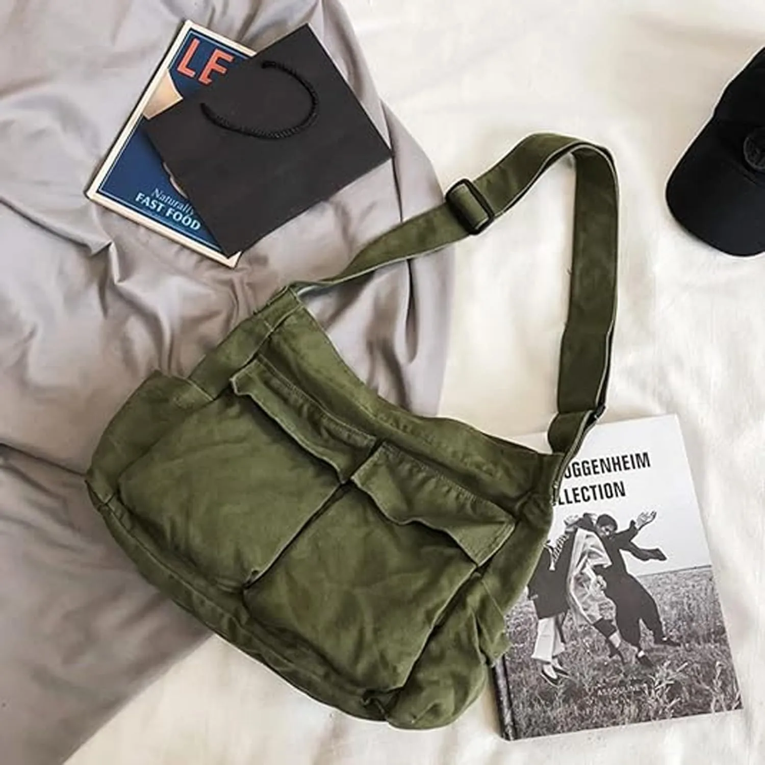 Canvas Messenger Bag Large Crossbody Bag with Multiple Pockets Casual Shoulder Aesthetic Tote Bag for Women and Men