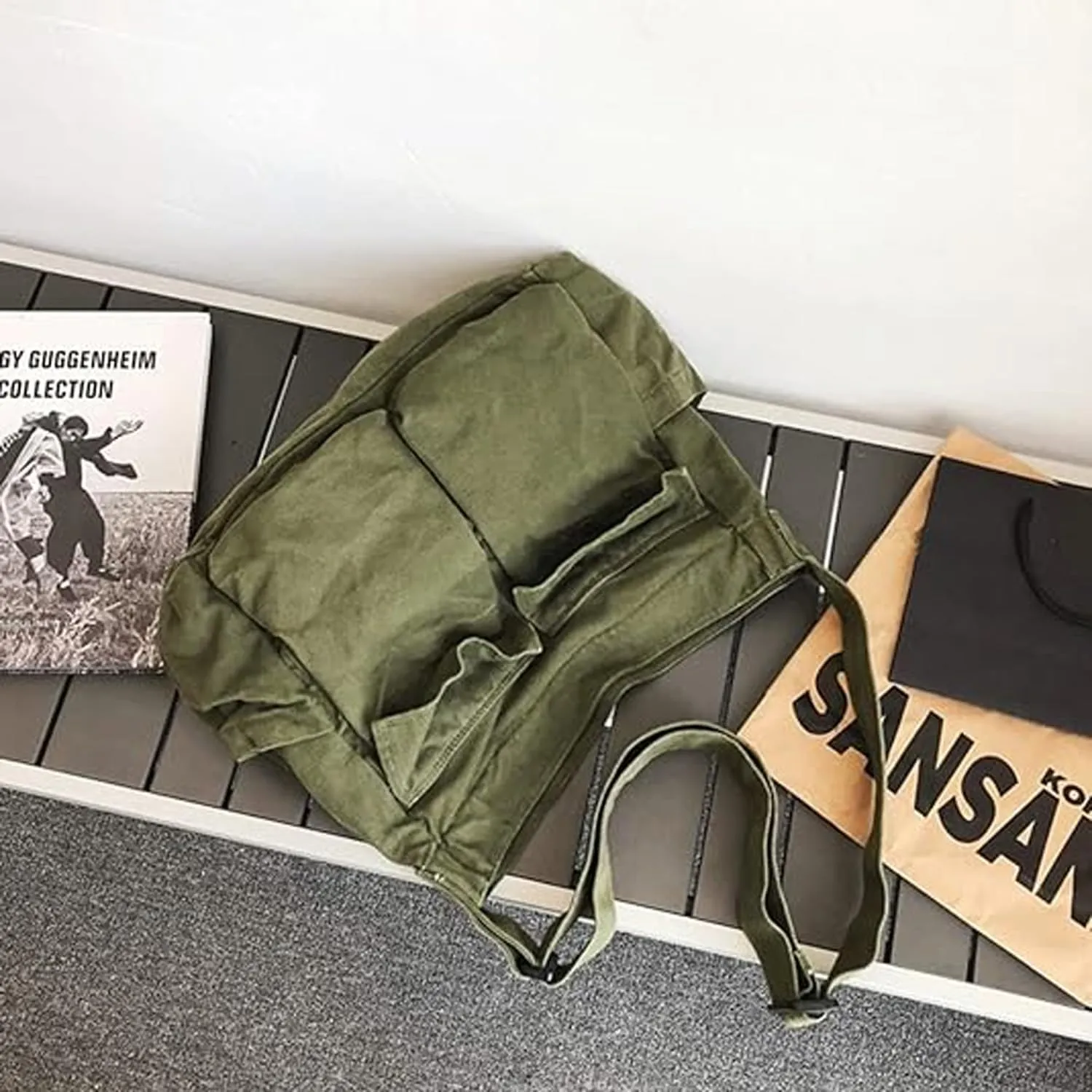 Canvas Messenger Bag Large Crossbody Bag with Multiple Pockets Casual Shoulder Aesthetic Tote Bag for Women and Men