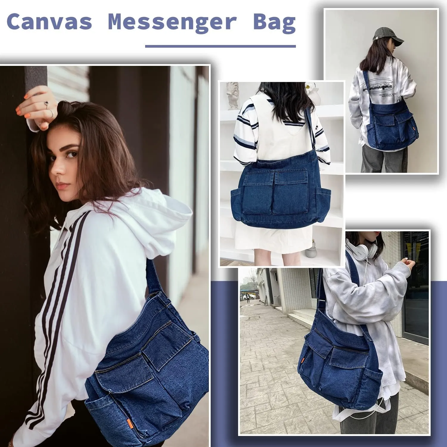Canvas Messenger Bag Large Hobo Crossbody Bag with Multiple Pockets Casual Shoulder Tote Bag for Women and Men
