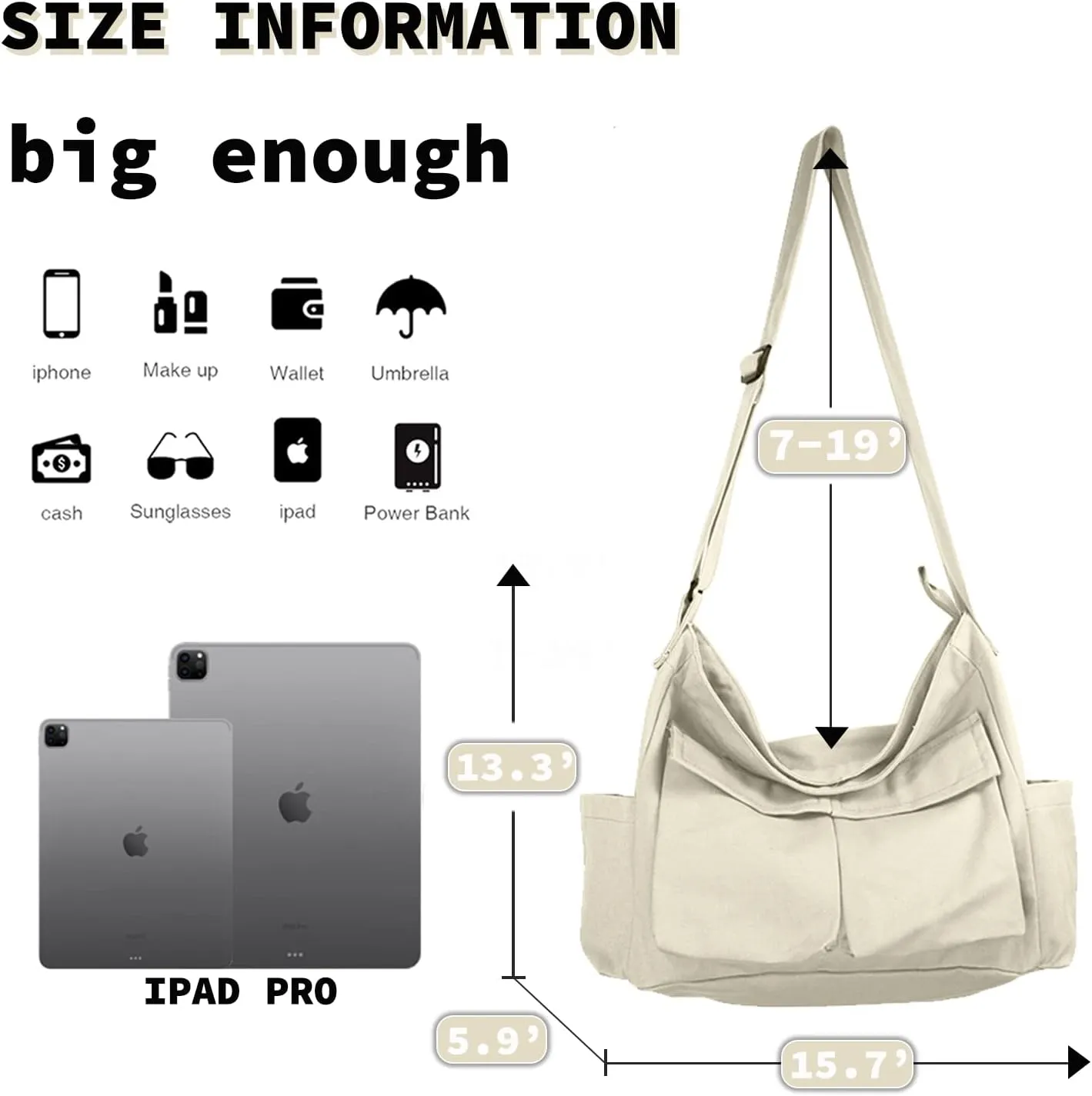 Canvas Messenger Bag Large Hobo Crossbody Bag with Multiple Pockets Casual Shoulder Tote Bag for Women and Men