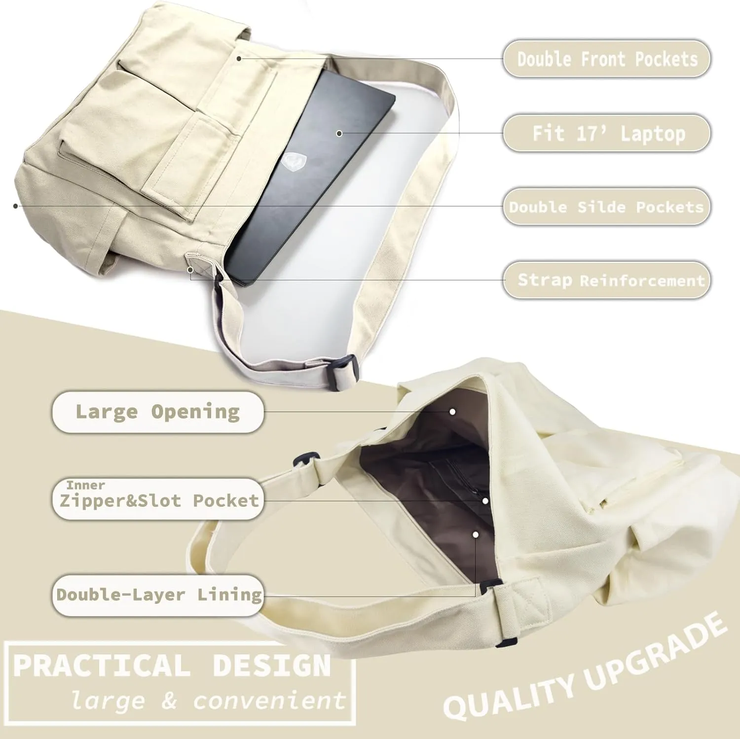 Canvas Messenger Bag Large Hobo Crossbody Bag with Multiple Pockets Casual Shoulder Tote Bag for Women and Men