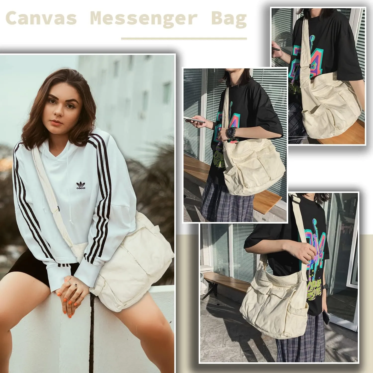 Canvas Messenger Bag Large Hobo Crossbody Bag with Multiple Pockets Casual Shoulder Tote Bag for Women and Men