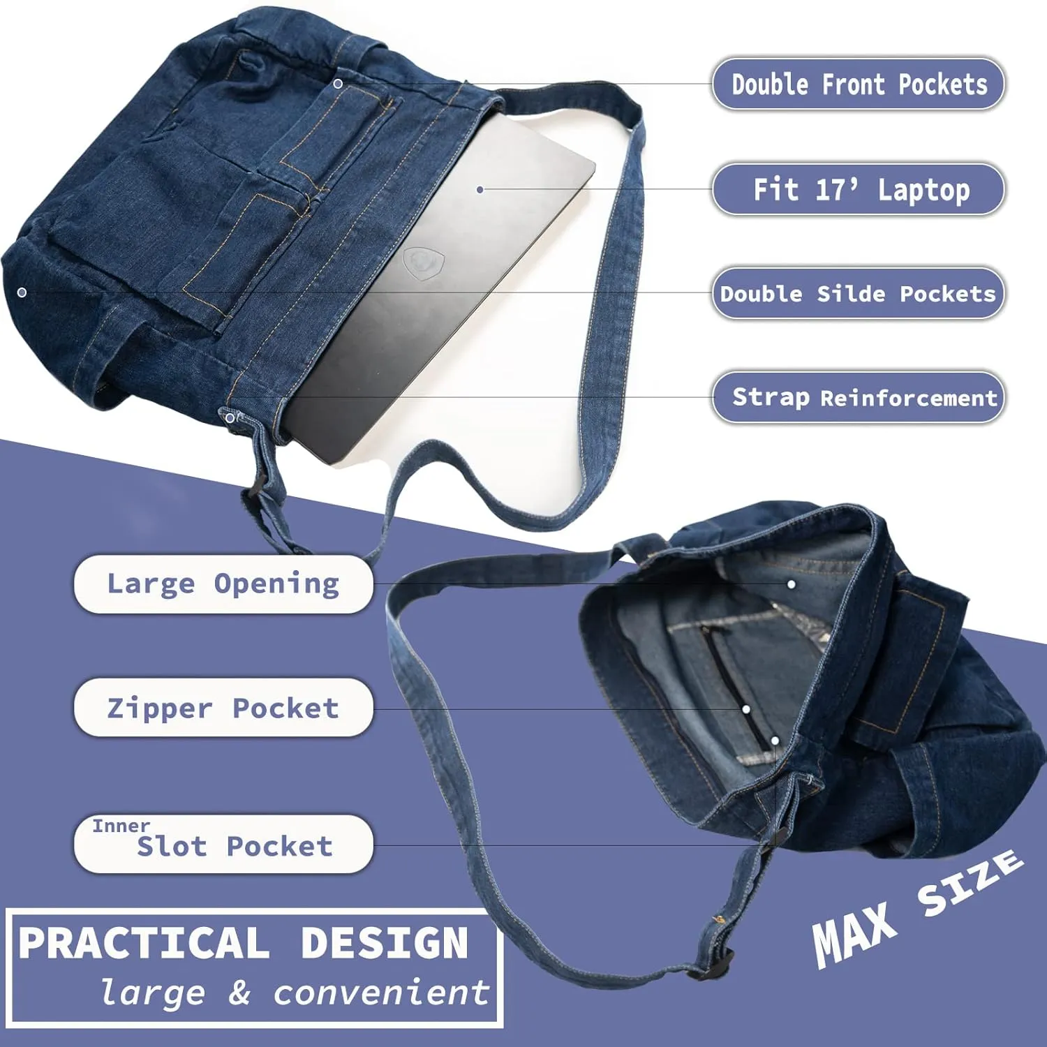 Canvas Messenger Bag Large Hobo Crossbody Bag with Multiple Pockets Casual Shoulder Tote Bag for Women and Men