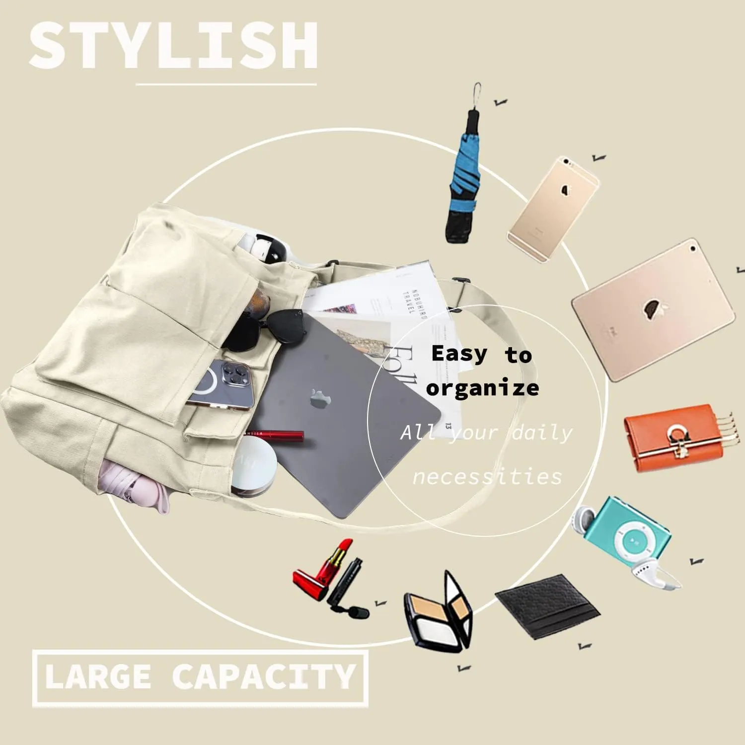 Canvas Messenger Bag Large Hobo Crossbody Bag with Multiple Pockets Casual Shoulder Tote Bag for Women and Men