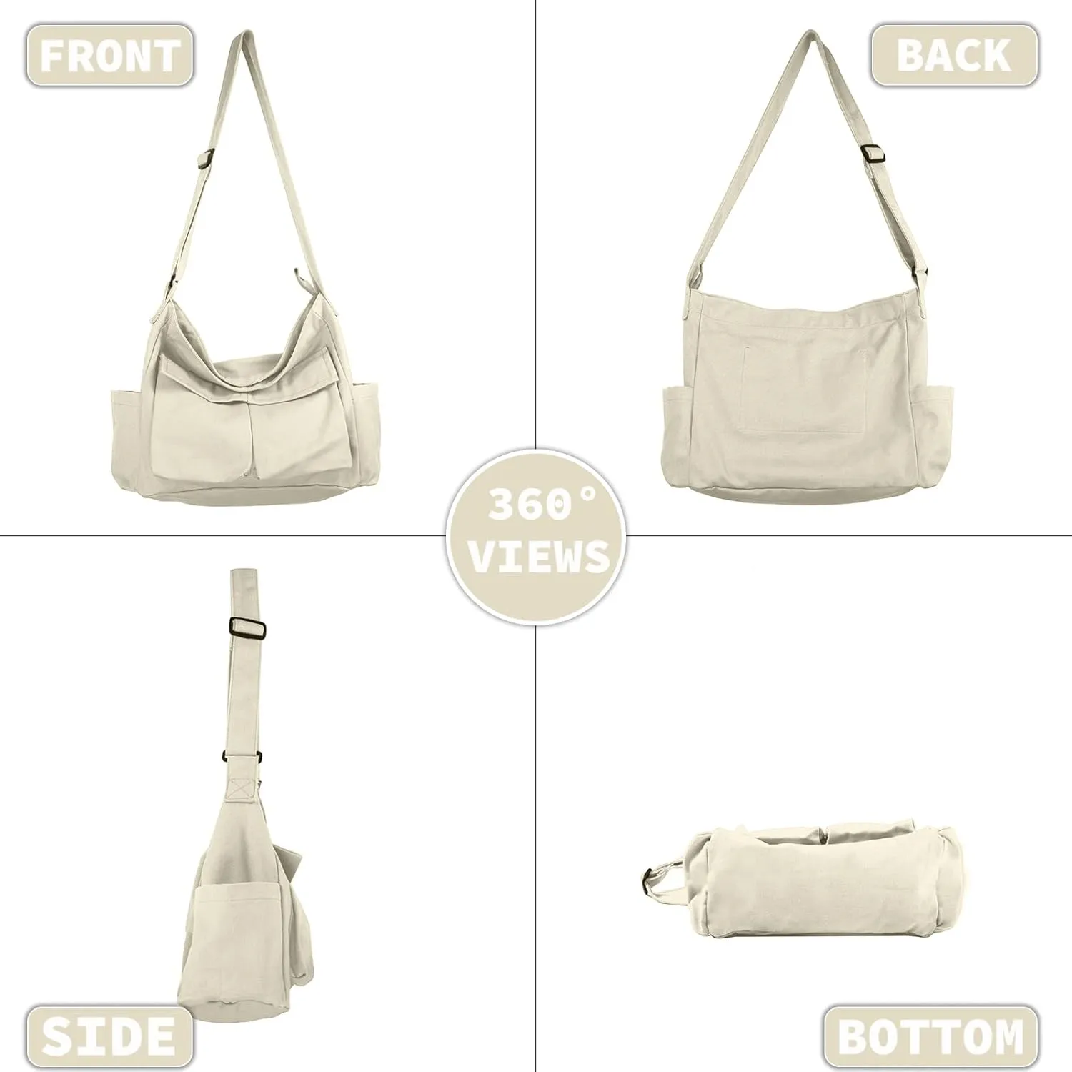Canvas Messenger Bag Large Hobo Crossbody Bag with Multiple Pockets Casual Shoulder Tote Bag for Women and Men