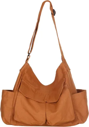Canvas Messenger Bag Large Hobo Crossbody Bags, Women Men Crossbody Shoulder Bag with Multiple Pockets Canvas Messenger Bag, Large Capacity Art Leisure Bag Canvas Shoulder Tote Bag (Brown)