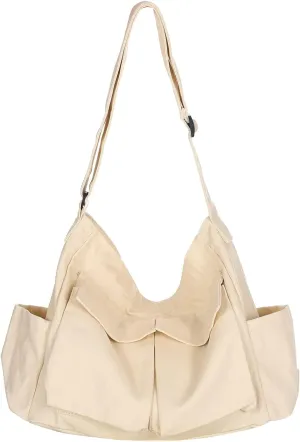 Canvas Messenger Bag Large Hobo Crossbody Bags, Women Men Crossbody Shoulder Bag with Multiple Pockets Canvas Messenger Bag, Large Capacity Art Leisure Bag Canvas Shoulder Tote Bag (White)
