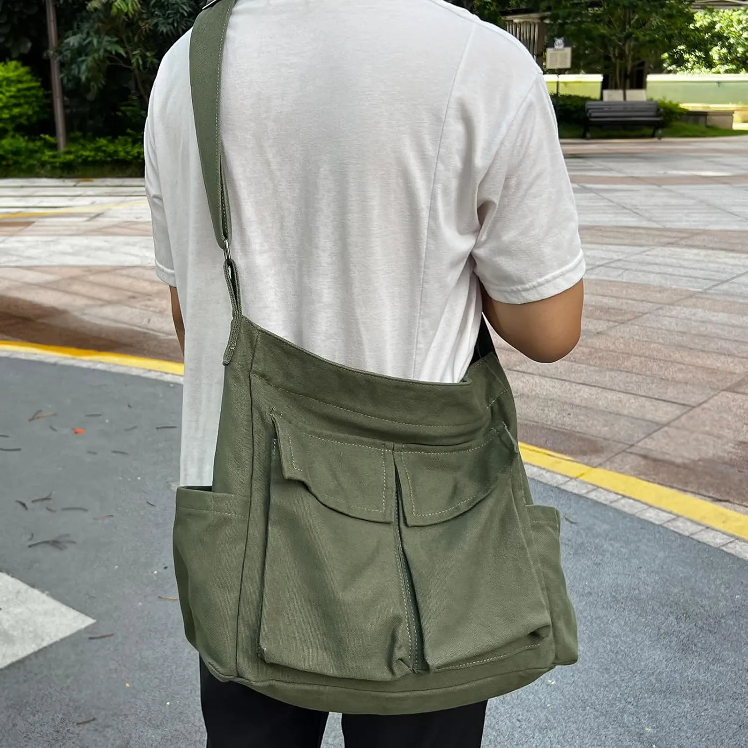 Canvas Messenger Bag, Multi-pockets Casual Canvas Tote for College Large Crossbody Shoulder Bag for Women and Men