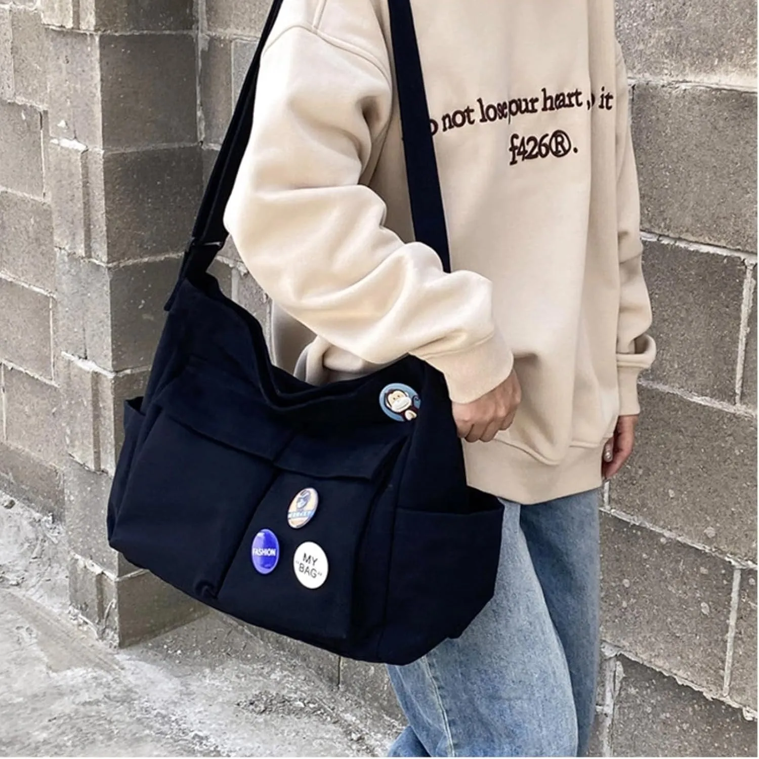 Canvas Messenger bag with Accessories for Women Aesthetic Vintage Crossbody Bag Shoulder Bag Tote Bag