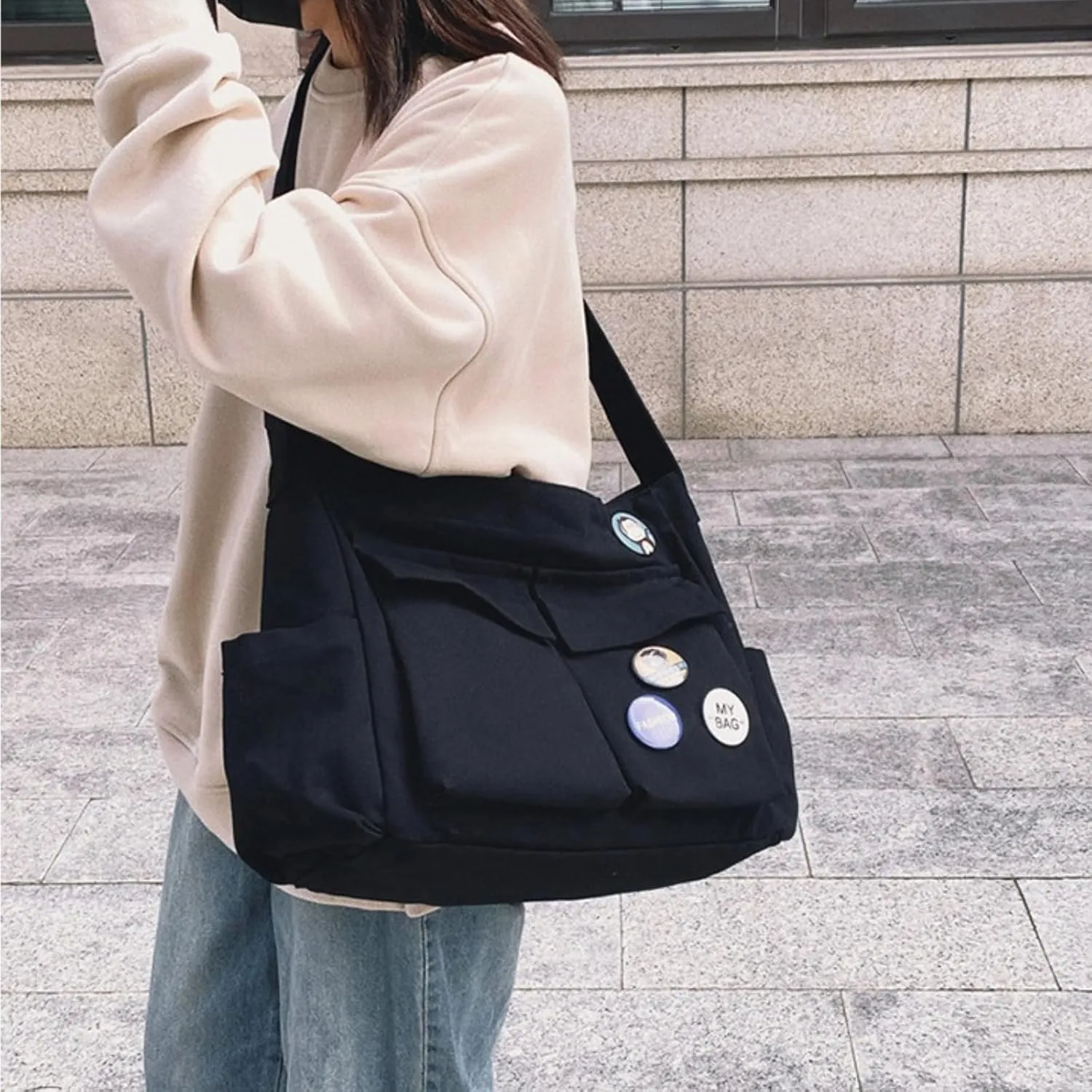 Canvas Messenger bag with Accessories for Women Aesthetic Vintage Crossbody Bag Shoulder Bag Tote Bag