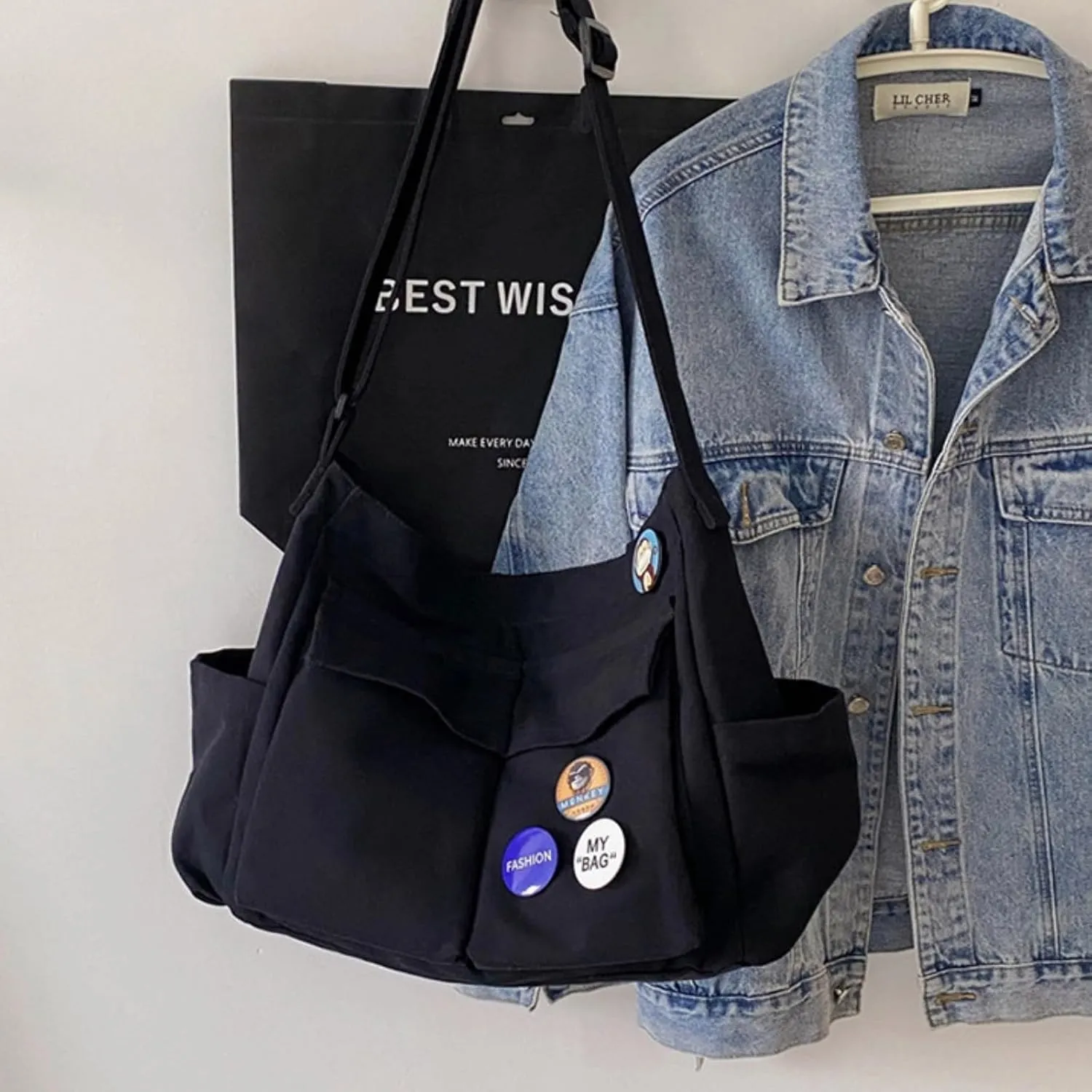 Canvas Messenger bag with Accessories for Women Aesthetic Vintage Crossbody Bag Shoulder Bag Tote Bag