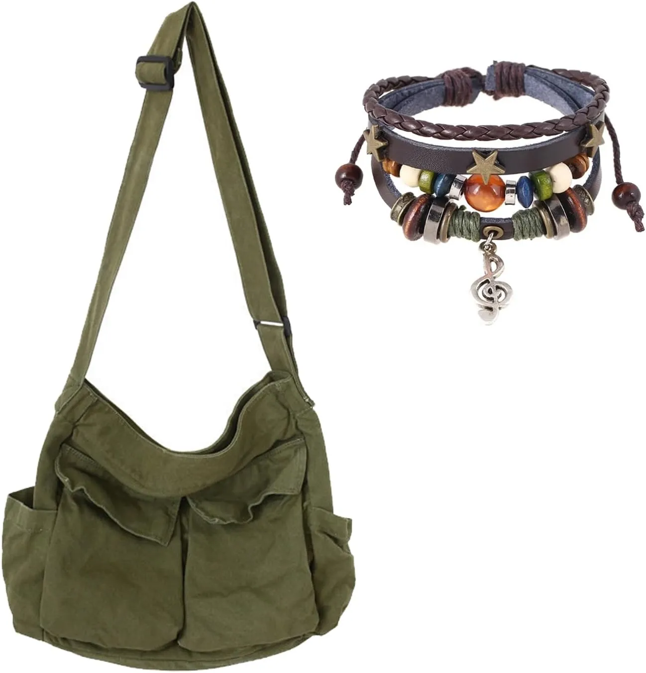 Canvas Messenger Bag with Fairy Grunge Bracelet,Grunge Bag Hobo Crossbody Shoulder Bag for Women Multilayer Leather Beaded Bracelets Fairycore Jewelry Fairy Grunge Accessories