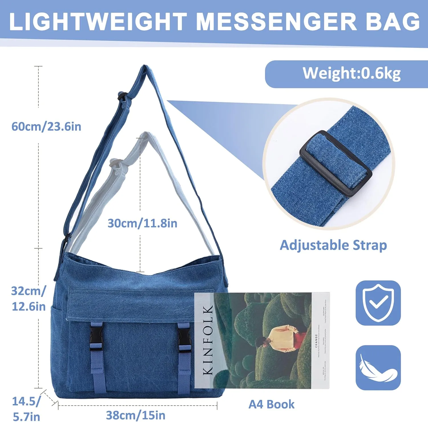 Canvas Messenger Bag,Lightweight Large Casual Crossbody Shoulder Hobo Bag for Women Men Work/Travel/College
