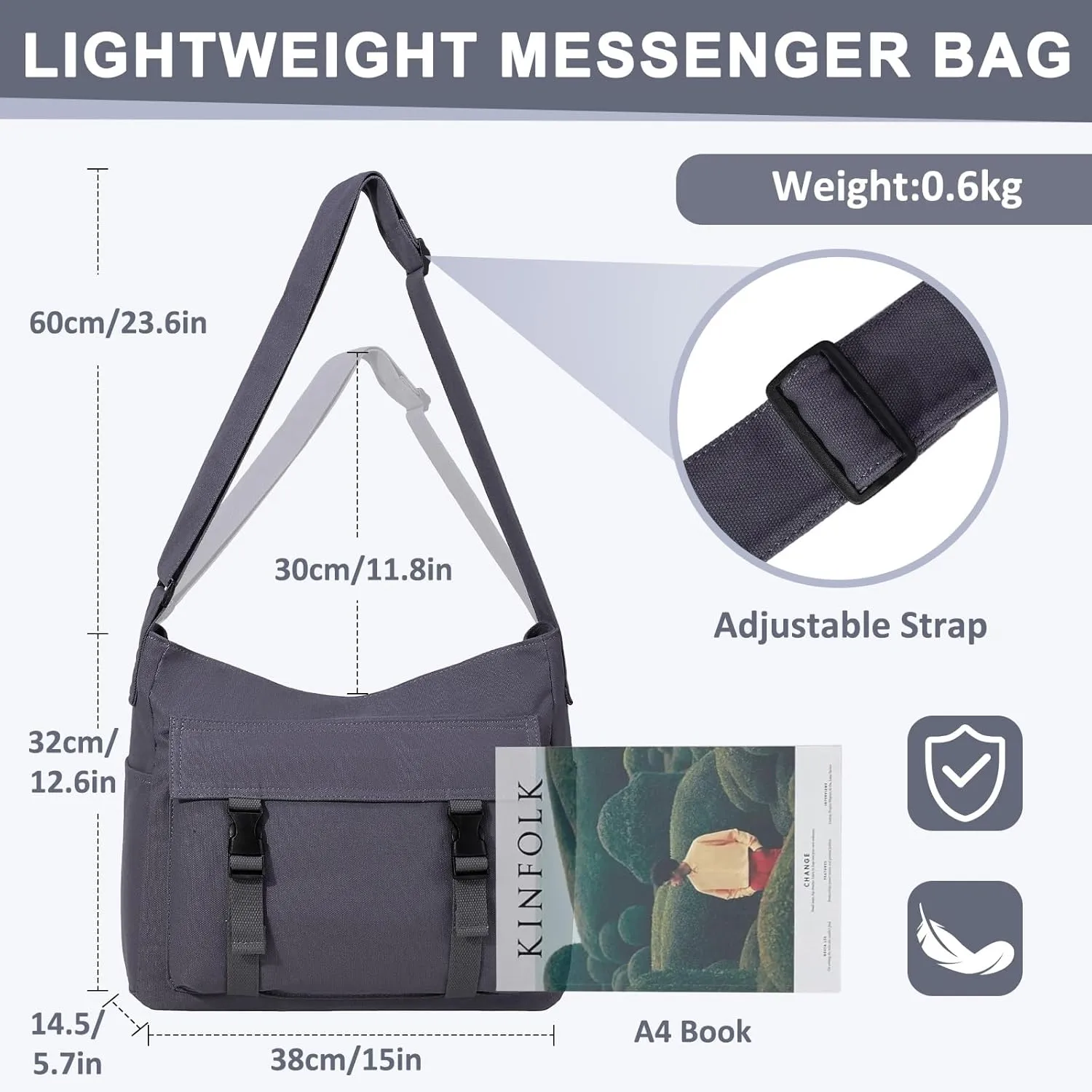 Canvas Messenger Bag,Lightweight Large Casual Crossbody Shoulder Hobo Bag for Women Men Work/Travel/College