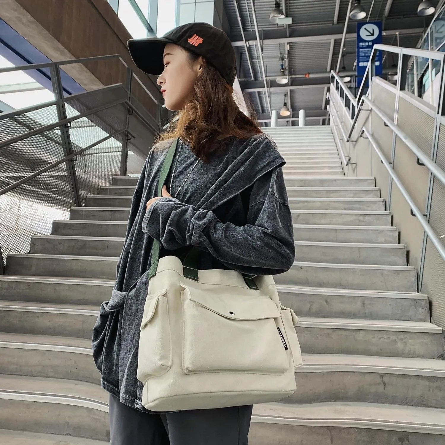 Canvas Messenger Tote Bag Large Hobo Crossbody Bag with Multiple Pockets Casual Shoulder Handbag for Women and Men