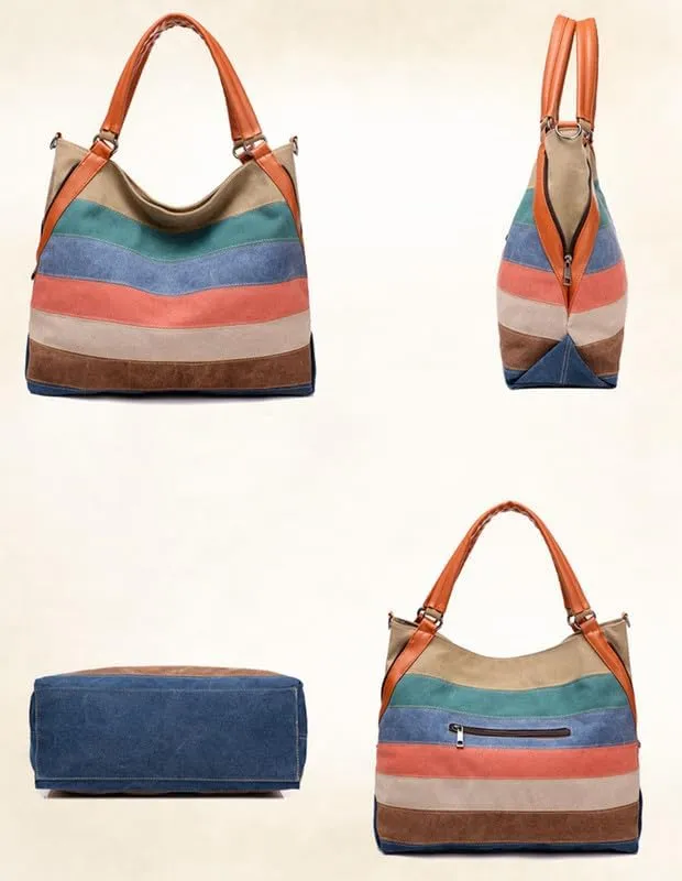Canvas Purse for Women Large Work Tote Bags with Strap Vintage Messenger Bag Striped Crossbody Shoulder Tote Handbags Multi
