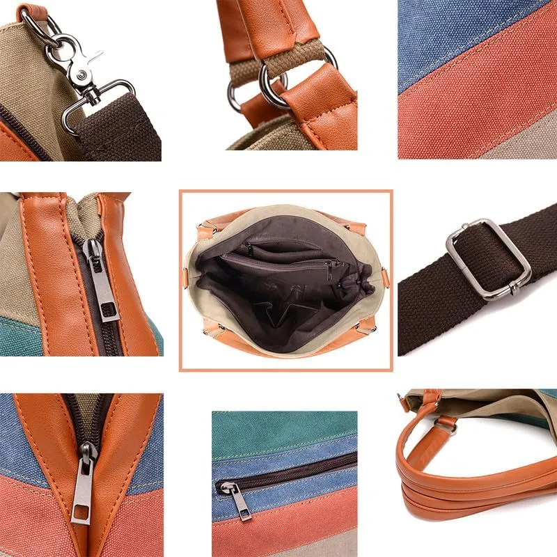 Canvas Purse for Women Large Work Tote Bags with Strap Vintage Messenger Bag Striped Crossbody Shoulder Tote Handbags Multi