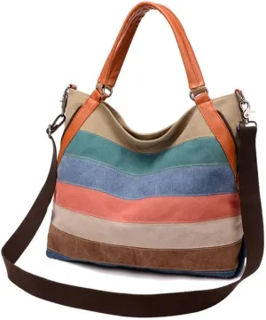 Canvas Purse for Women Large Work Tote Bags with Strap Vintage Messenger Bag Striped Crossbody Shoulder Tote Handbags Multi