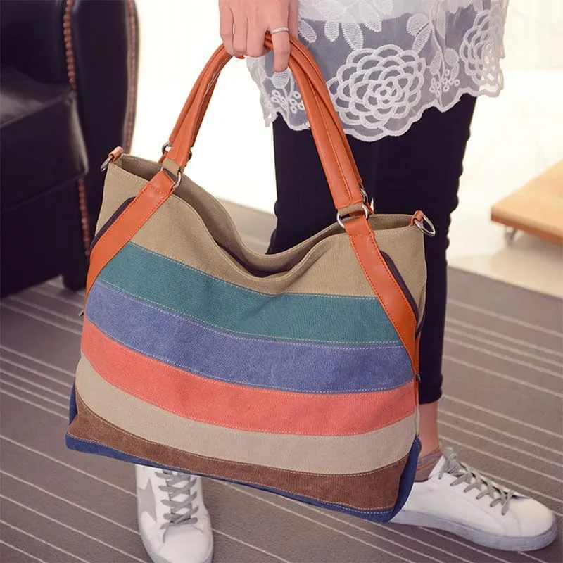Canvas Purse for Women Large Work Tote Bags with Strap Vintage Messenger Bag Striped Crossbody Shoulder Tote Handbags Multi