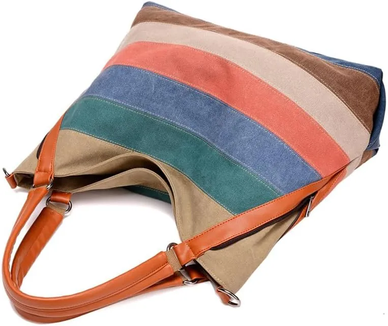 Canvas Purse for Women Large Work Tote Bags with Strap Vintage Messenger Bag Striped Crossbody Shoulder Tote Handbags Multi
